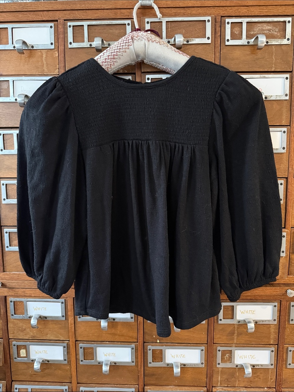 Gentle Fawn Baby Doll Smocked Puff Sleeve Black Blouse Size XS